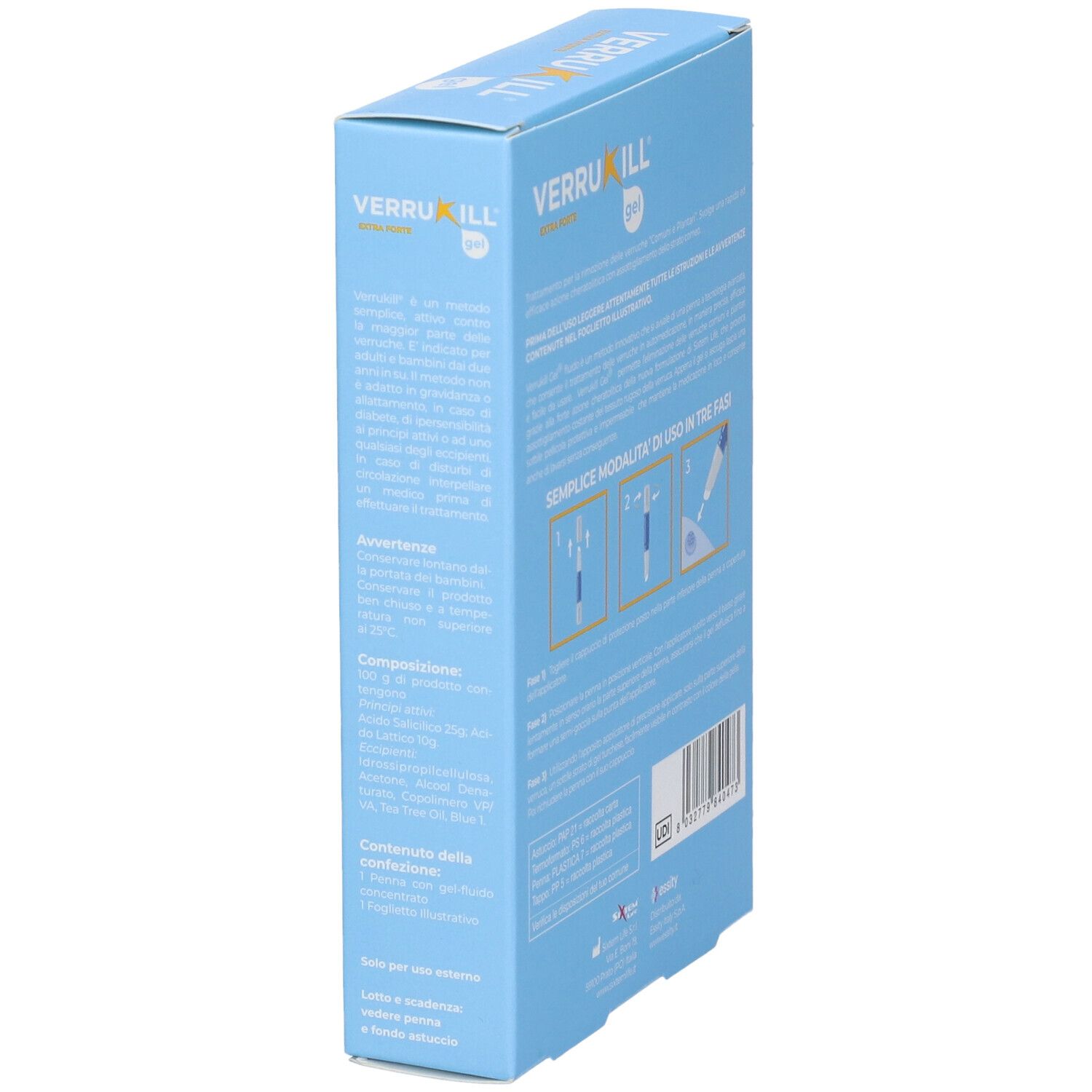 Blaue Verpackung mit Text in italienischer Sprache. Zeigt Informationen zum Produkt und Anweisungen.