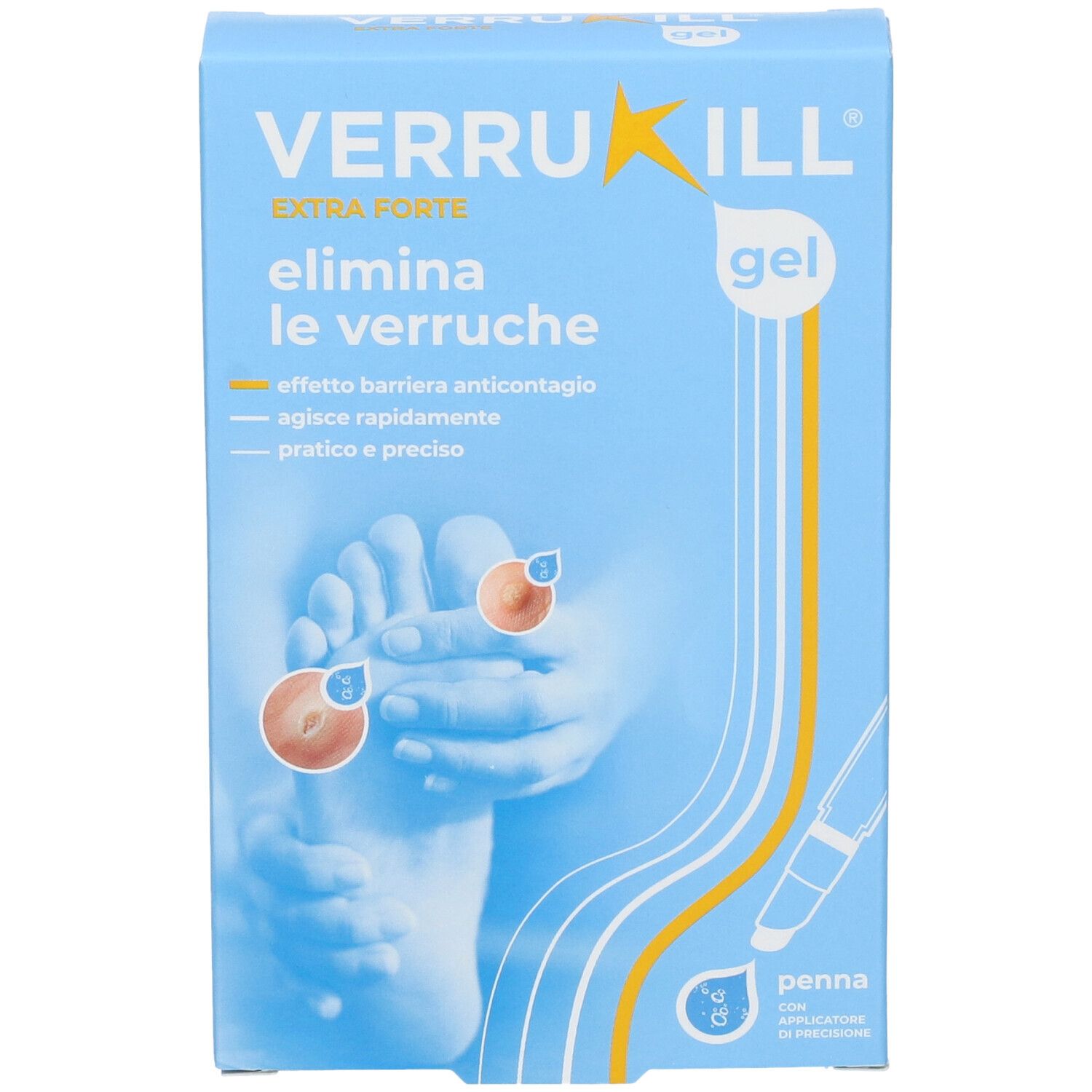 Blaue Verpackung mit Produktnamen und Text in italienischer Sprache. Illustration eines Fußes mit Warzen und Stift-Applikator.