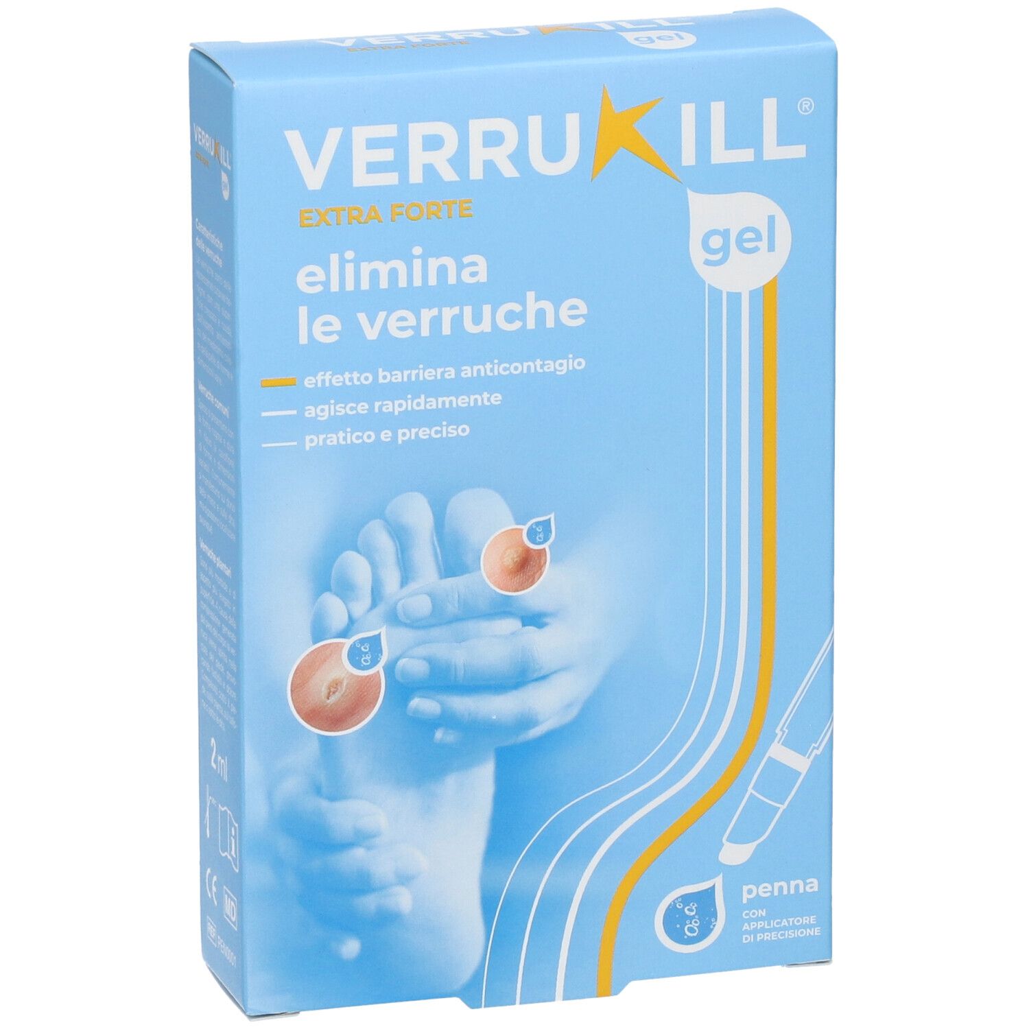 Blaue Verpackung mit Produktnamen und Text in italienischer Sprache. Illustration eines Fußes mit Warzen und Stift-Applikator.