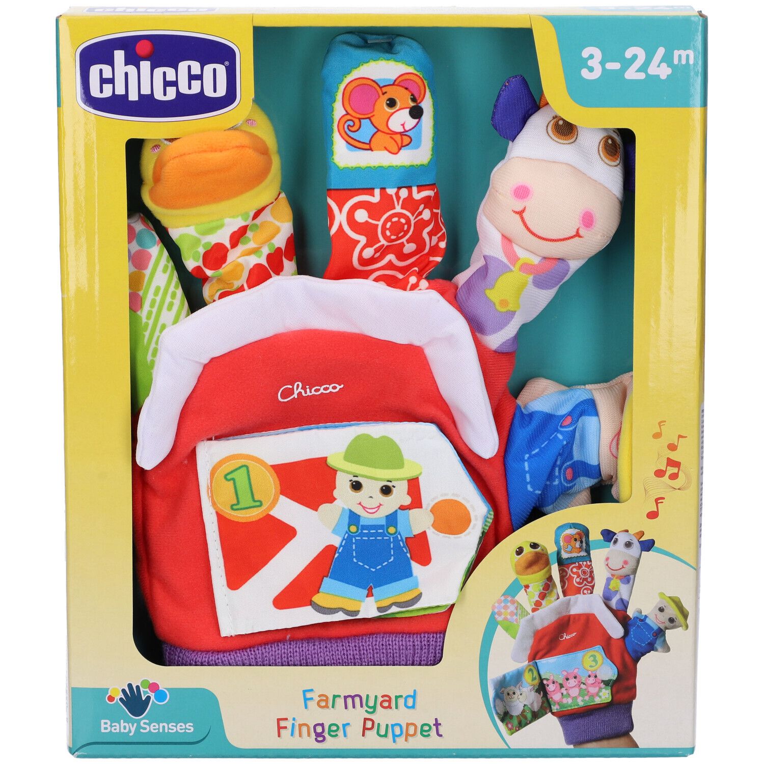 Lato confezione marionetta Chicco. Testo e simboli. Età: 3-24 mesi.