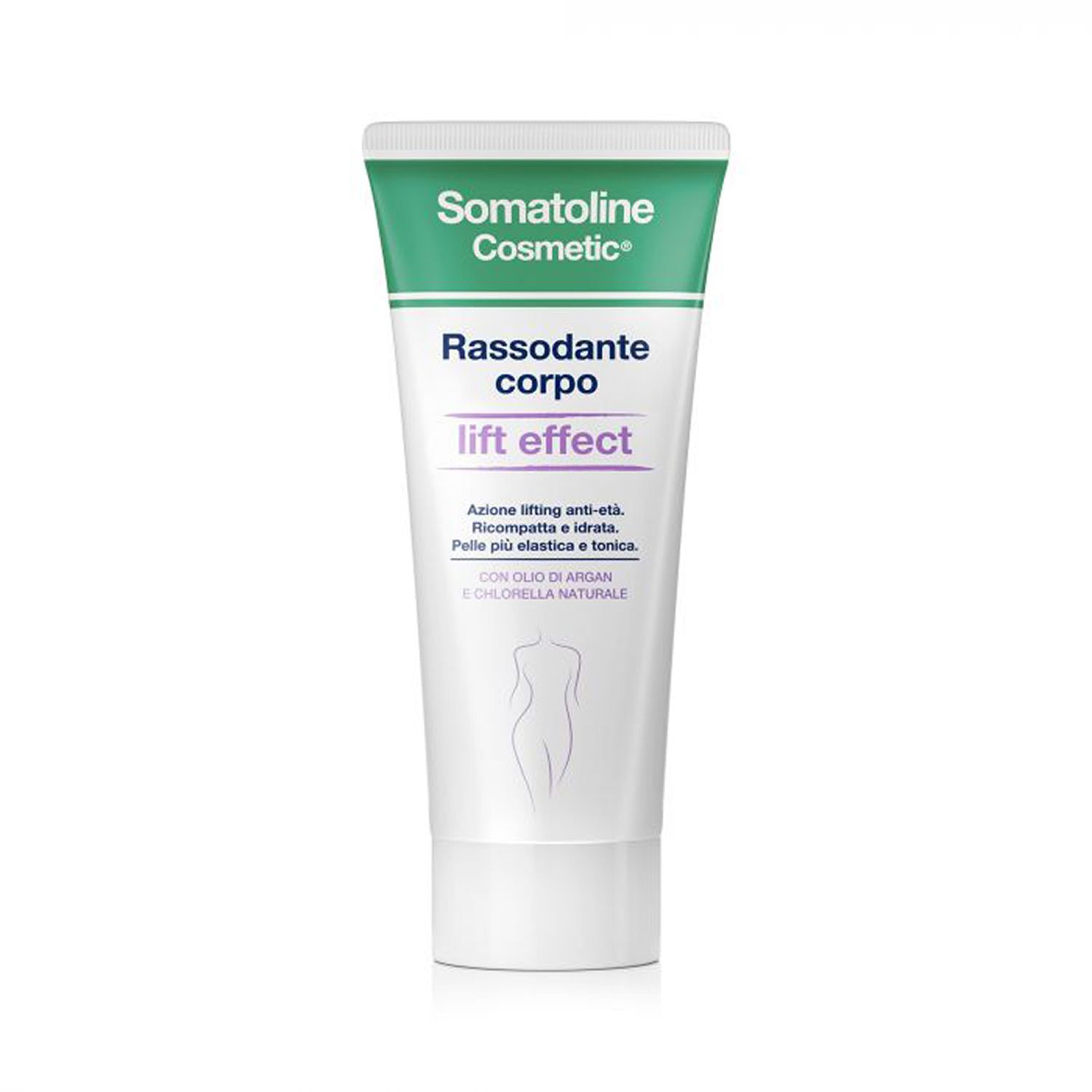 Tubo crema con tappo verde. Scritta: Somatoline Cosmetic, Rassodante corpo lift effect. Silhouette femminile.