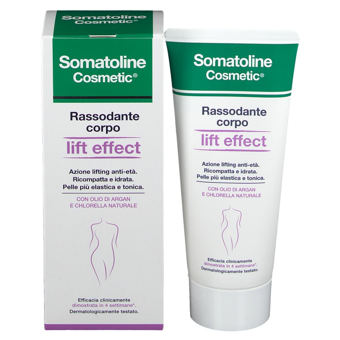 Confezione prodotto: tubo e scatola. Scritta: Somatoline Cosmetic, Rassodante corpo lift effect. Silhouette femminile.