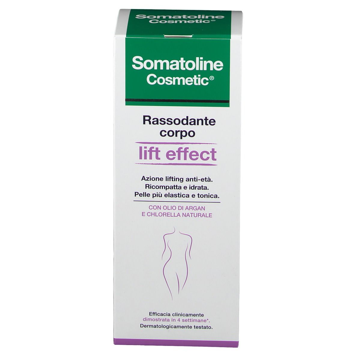 Confezione in cartone. Scritta: Somatoline Cosmetic, Rassodante corpo lift effect. Silhouette femminile. Testo.