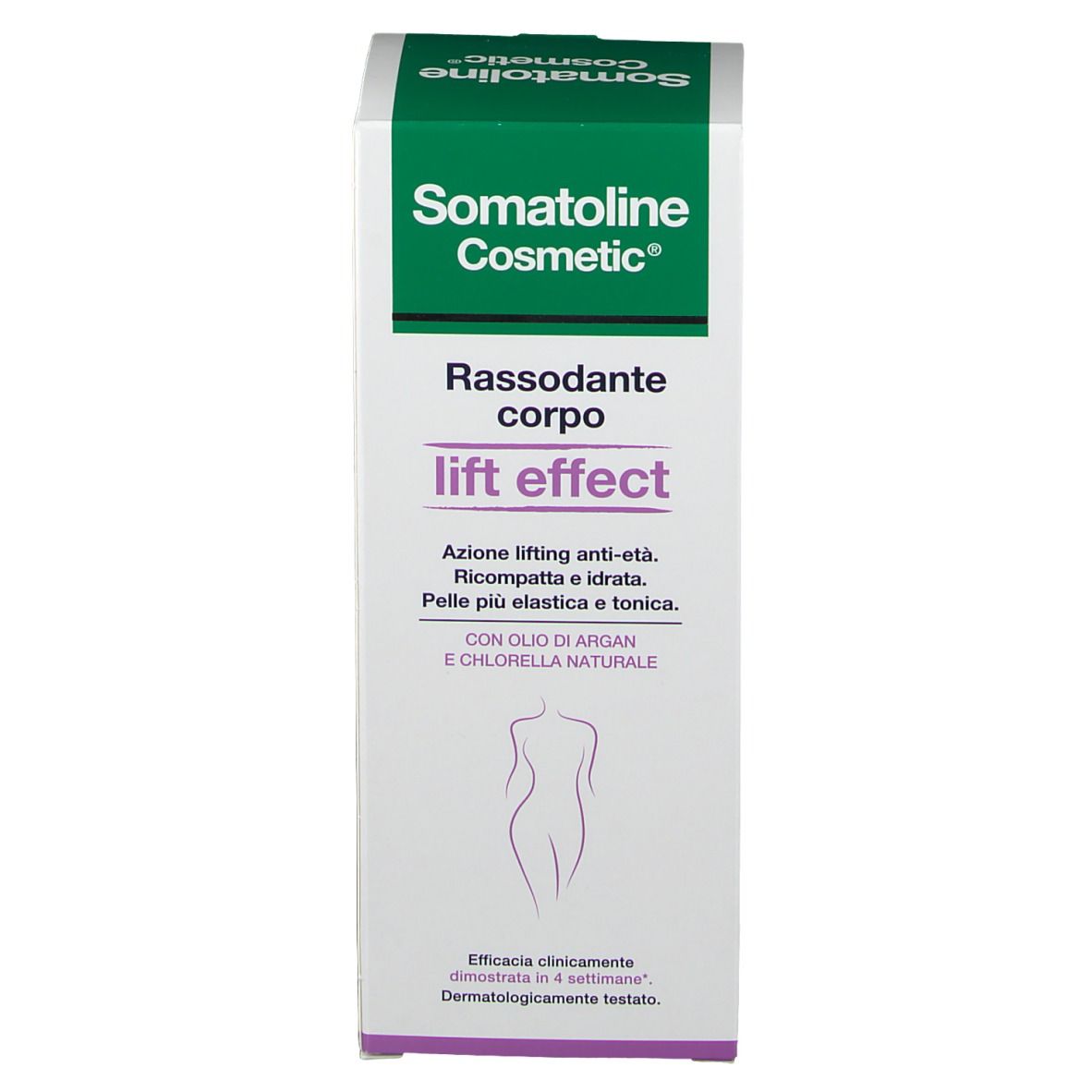 Confezione in cartone. Scritta: Somatoline Cosmetic, Rassodante corpo lift effect. Testo.