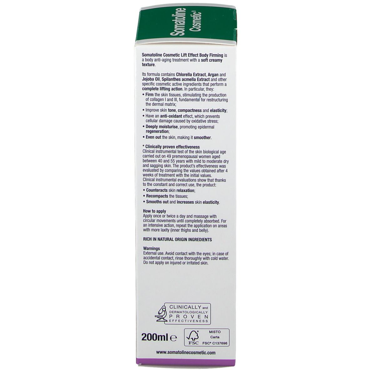 Retro della confezione in cartone. Testo: Somatoline Cosmetic Lift Effect Body Firming. Ingredienti, uso, avvertenze.