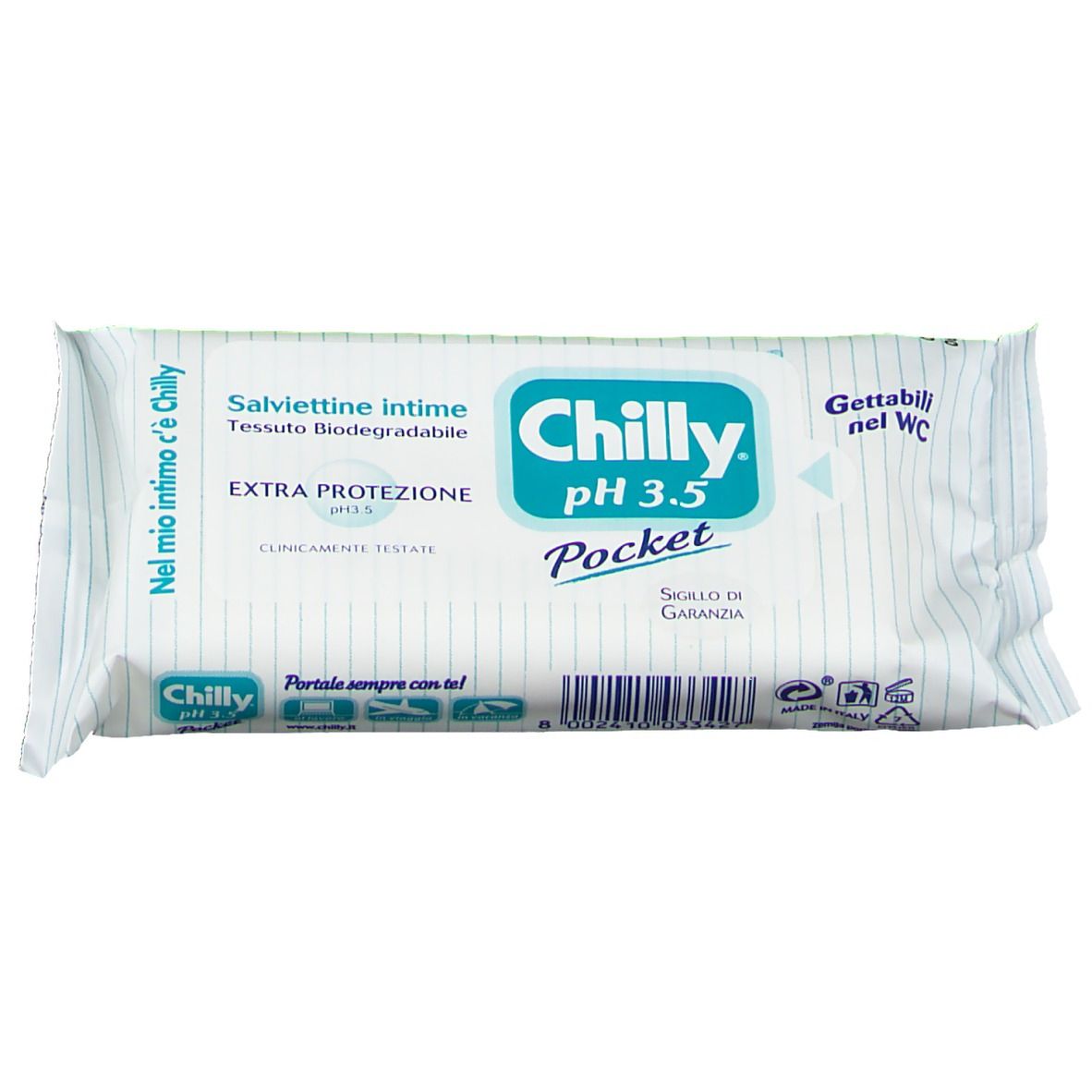 Confezione bianca con scritte blu. Visibili "Chilly pH 3.5 Pocket" e "Extra Protezione". Presente anche "Tessuto Biodegradabile".