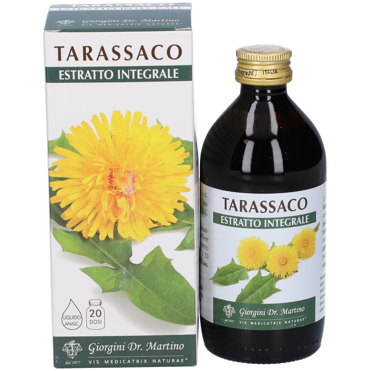 Bottiglia di vetro marrone e scatola. Scritta: Tarassaco Estratto Integrale. Fiore e foglie gialle.