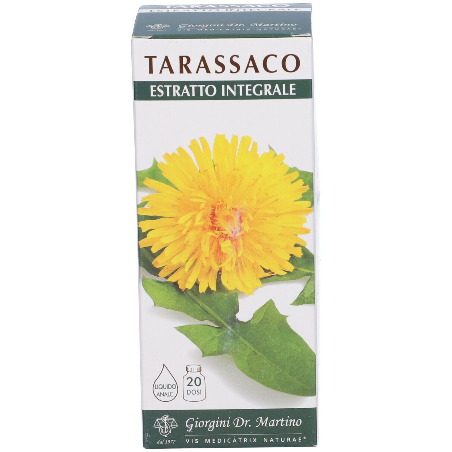 Scatola con scritta: Tarassaco Estratto Integrale. Fiore e foglie gialle.
