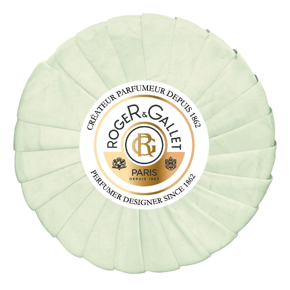 Runde Seife, hellgrün, mit Logo und Schriftzug ROGER & GALLET. Verpackt in Papier.