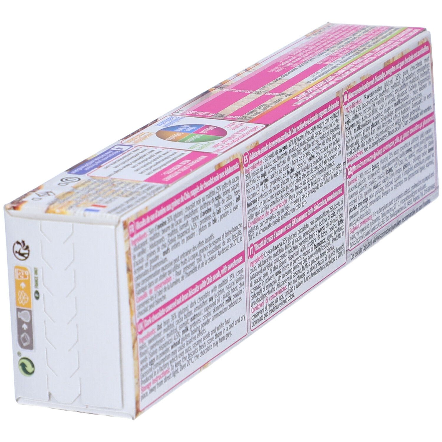 Retro della confezione di biscotti. Testo multilingue. Informazioni nutrizionali e ingredienti. Simbolo di riciclaggio.