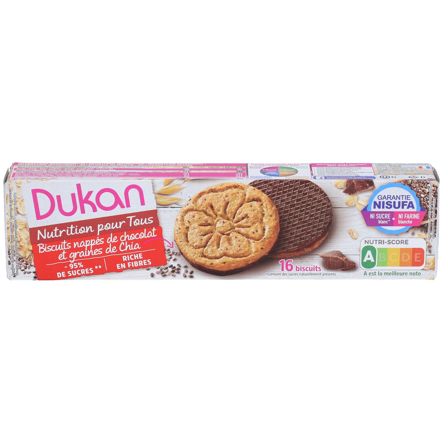Confezione di biscotti. Scritta: Dukan, Nutrition pour Tous, Biscuits nappés de chocolat et graines de Chia. 16 biscotti. Nutri-Score A. Garanzia NISUFA.