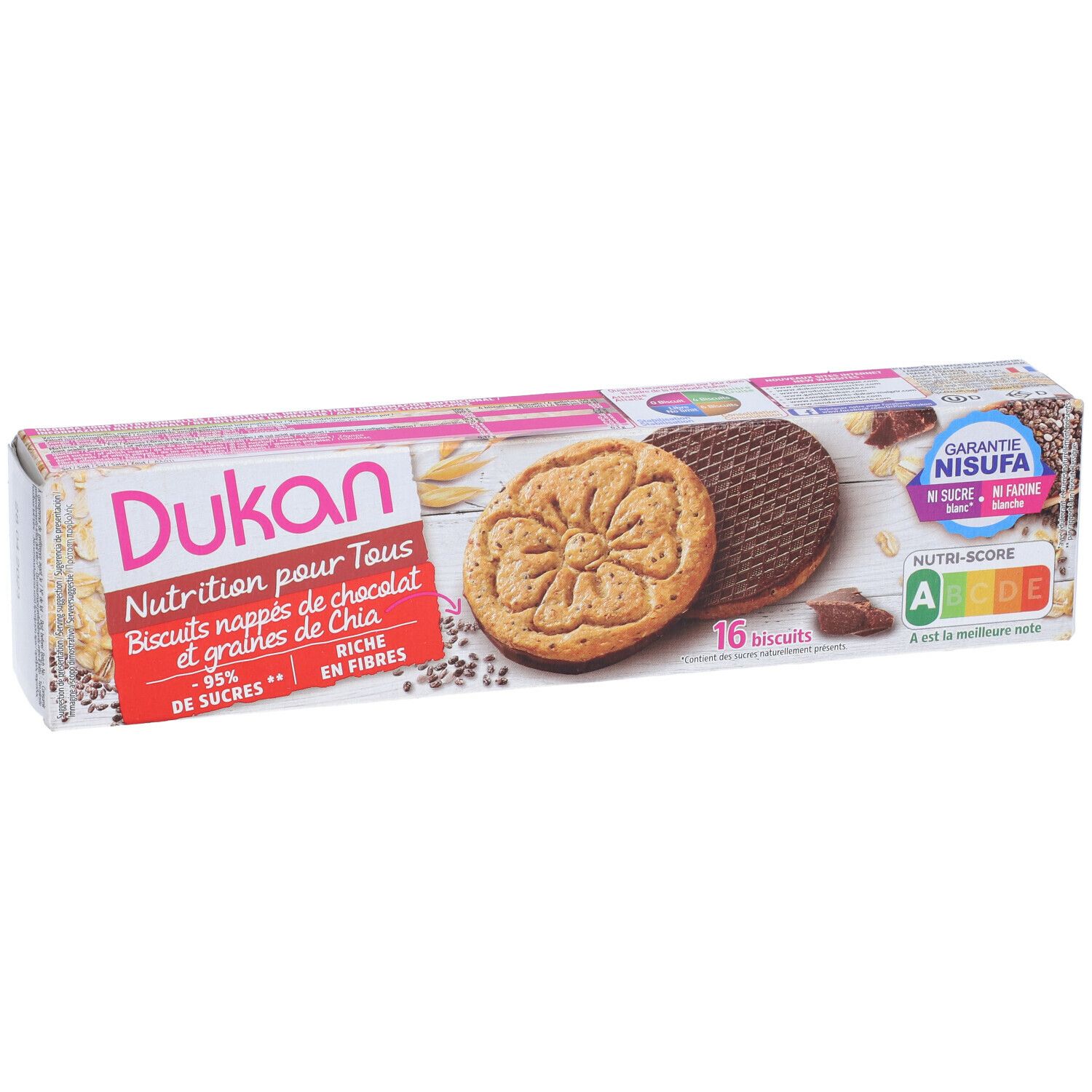 Confezione di biscotti. Scritta: Dukan, Nutrition pour Tous, Biscuits nappés de chocolat et graines de Chia. 16 biscotti. Nutri-Score A. Garanzia NISUFA.