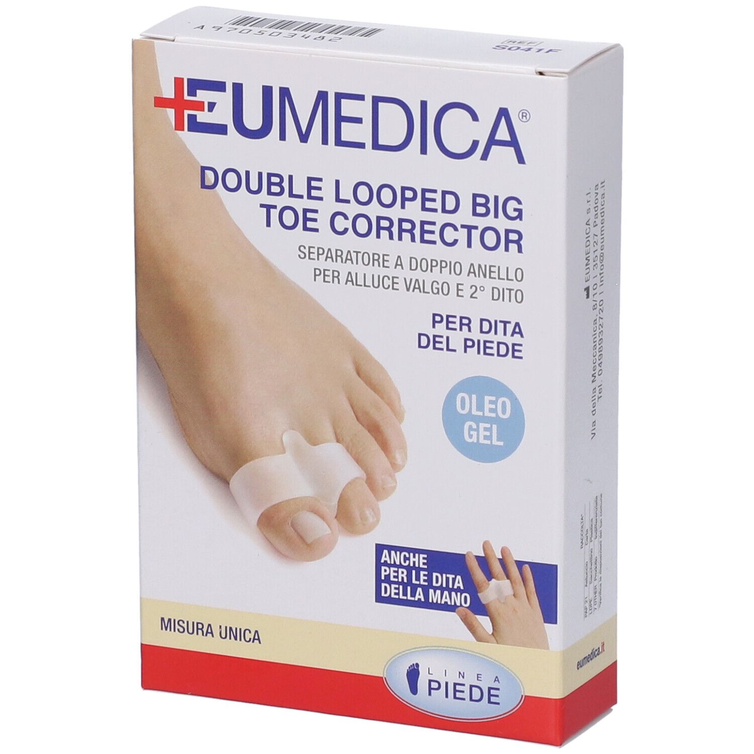Confezione del correttore per alluce valgo. Scritta: EUmedica, Double Looped Big Toe Corrector. Immagine di un piede con il prodotto.