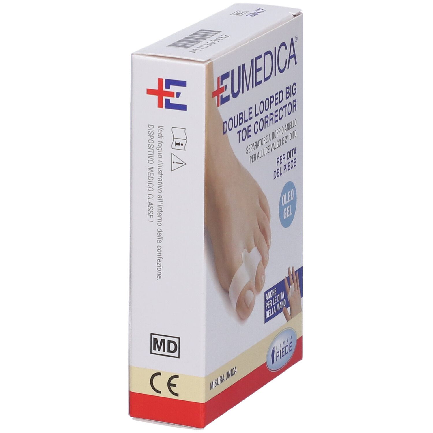 Vista laterale della confezione del correttore per alluce valgo. Scritta: EUmedica, Double Looped Big Toe Corrector. Marchio MD.