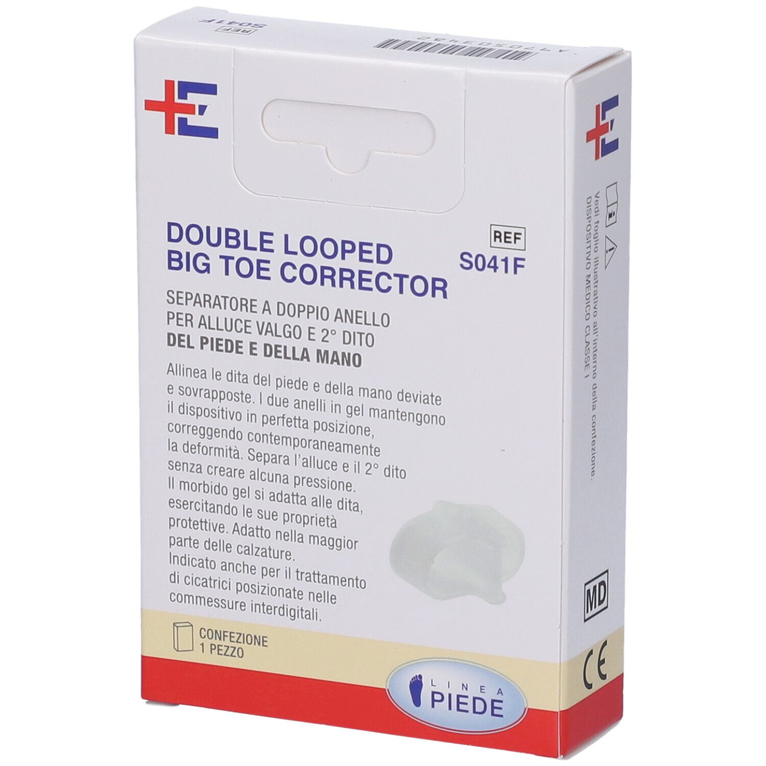Confezione del correttore per alluce valgo. Scritta: Double Looped Big Toe Corrector. Immagine del prodotto. 1 pezzo.