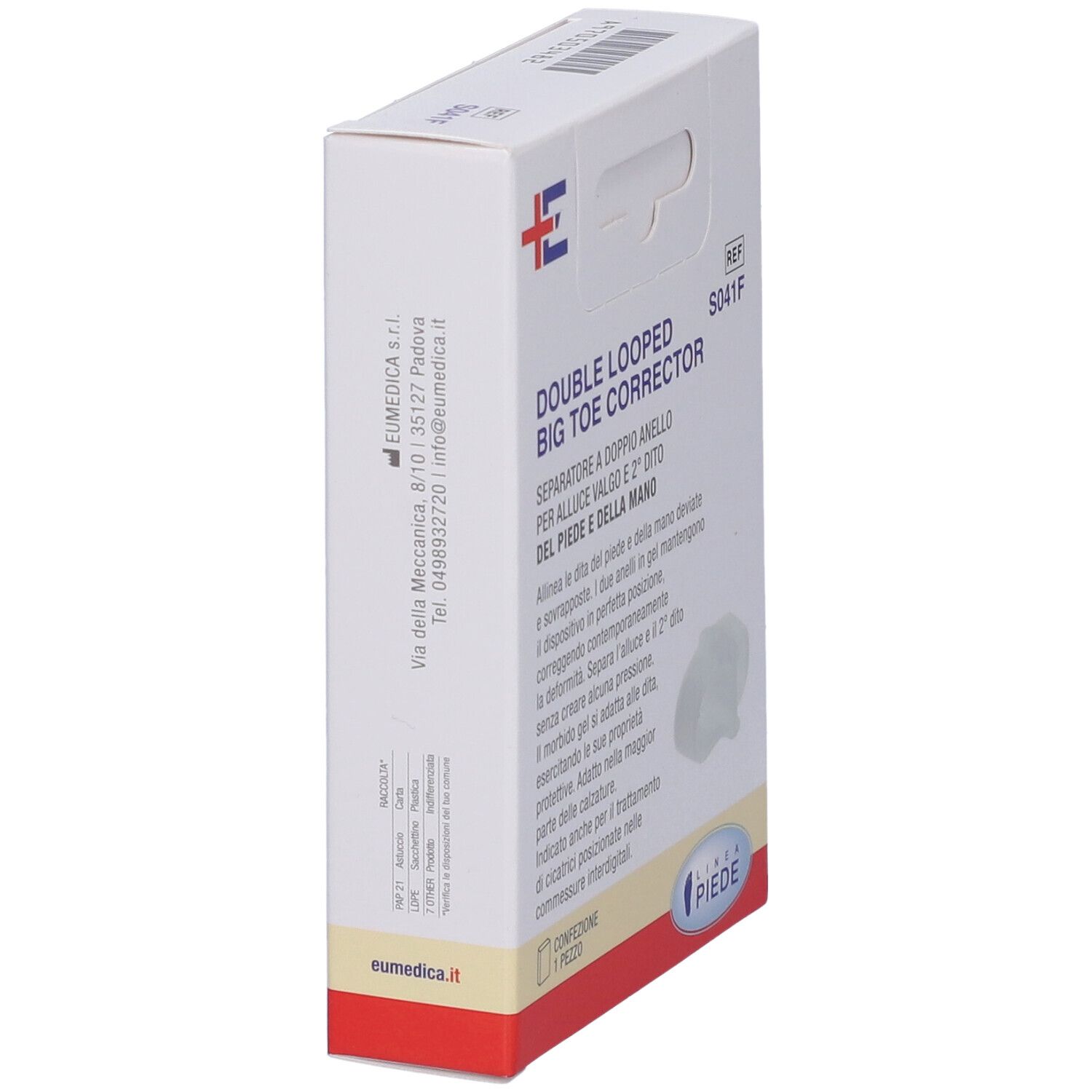 Vista laterale della confezione del correttore per alluce valgo. Scritta: Double Looped Big Toe Corrector. 1 pezzo.