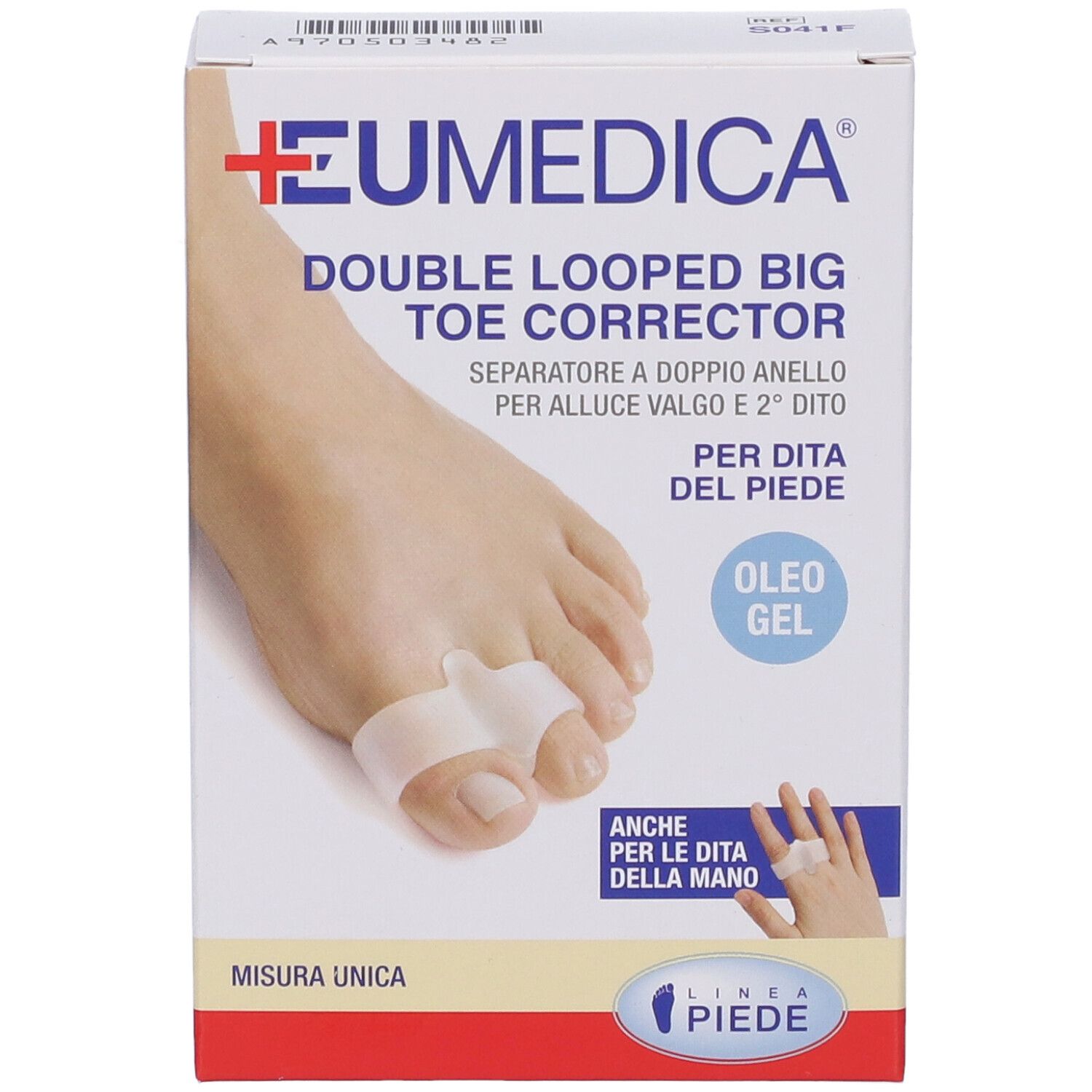 Confezione del correttore per alluce valgo. Scritta: EUmedica, Double Looped Big Toe Corrector. Immagine di un piede con il prodotto.