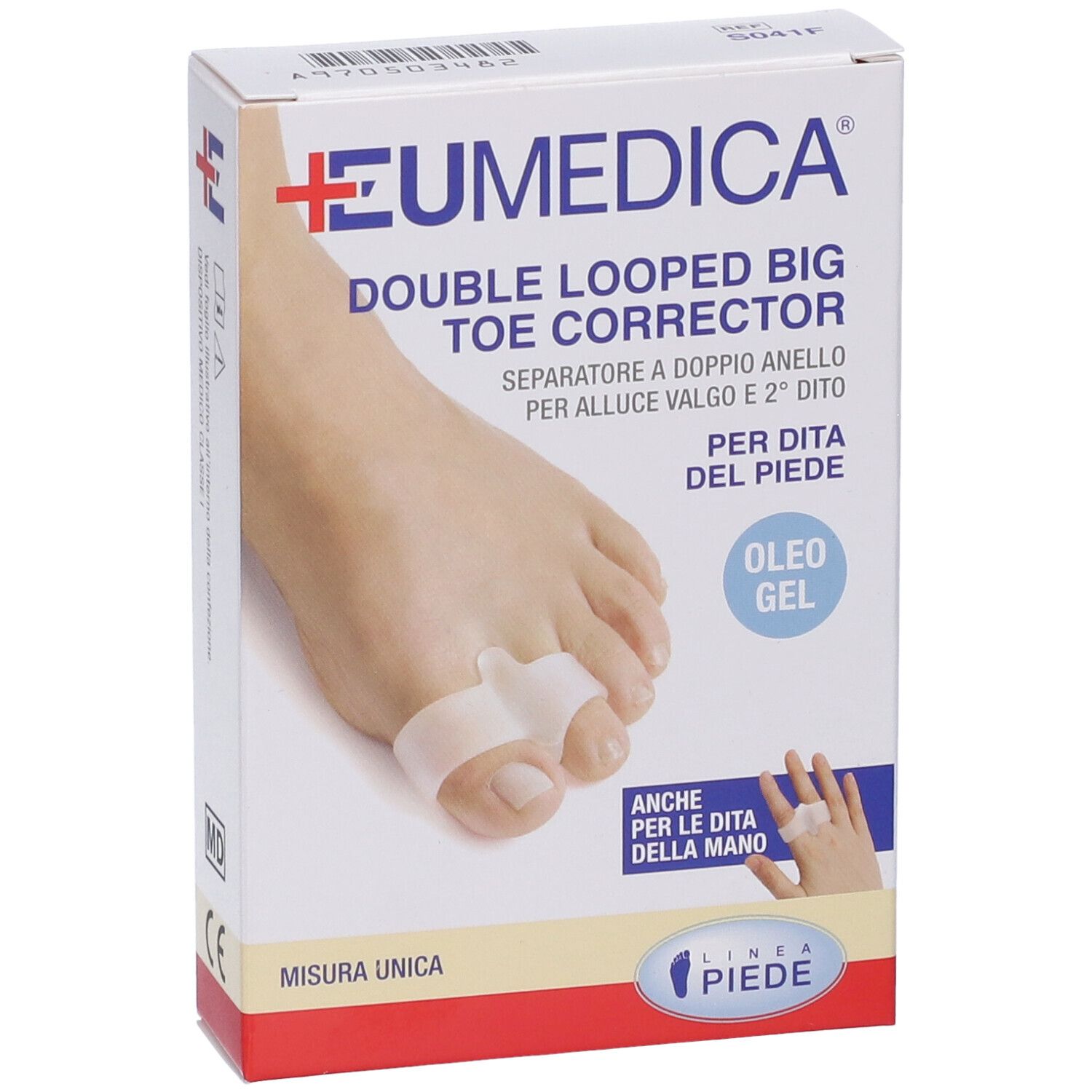 Confezione del correttore per alluce valgo. Scritta: EUmedica, Double Looped Big Toe Corrector. Immagine di un piede con il prodotto.