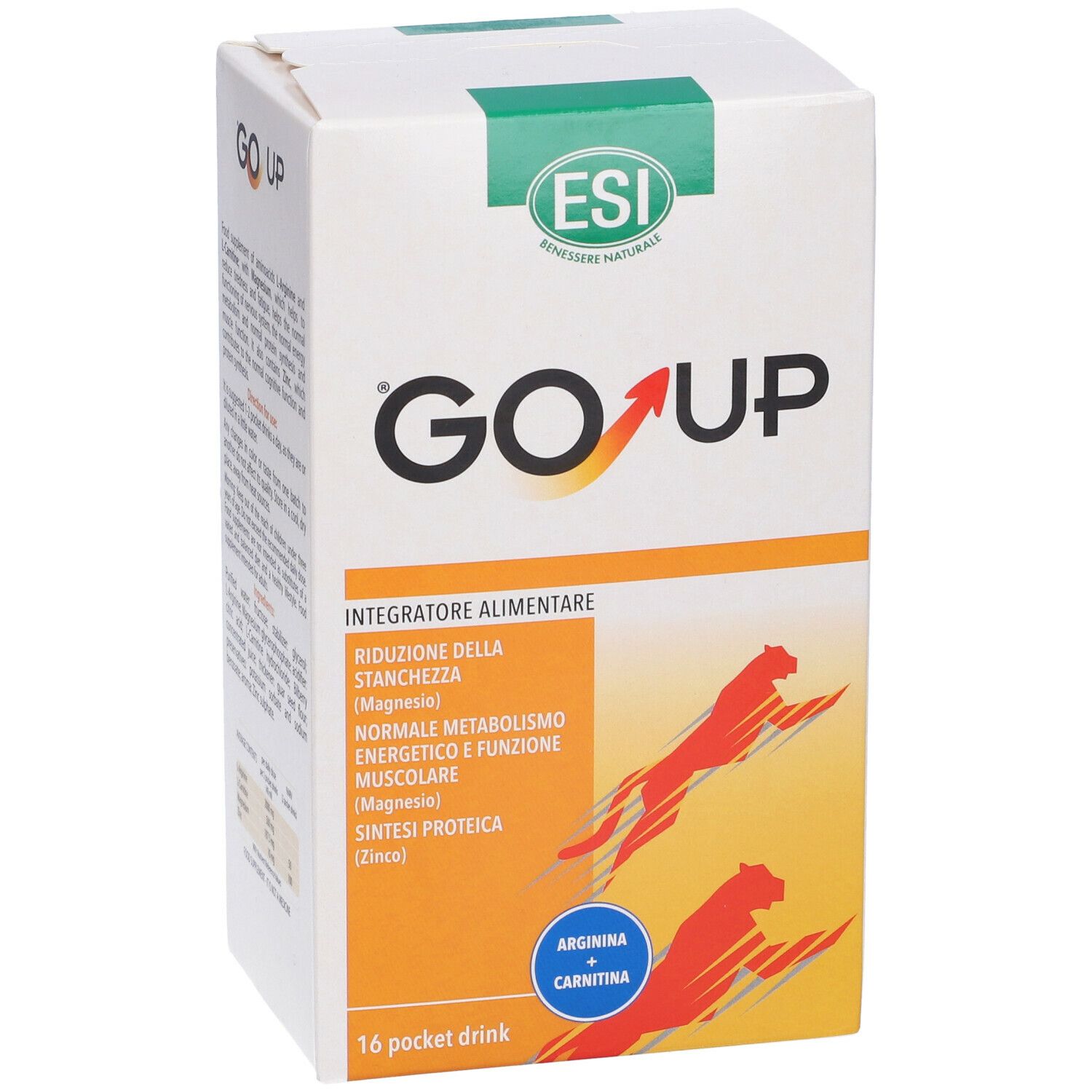 Confezione ESI Go Up. Scatola bianca con dettagli verdi e arancioni. Logo ESI e nome prodotto Go Up. Contiene 16 pocket drink.