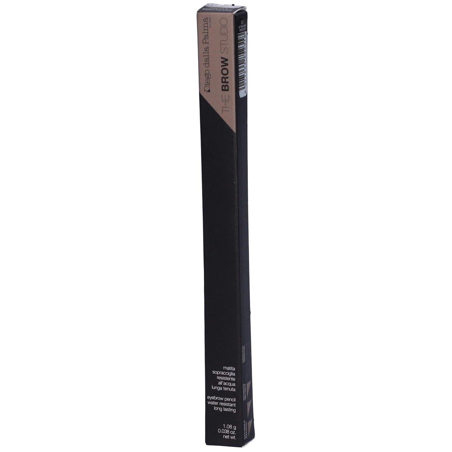 Confezione nera con informazioni sul prodotto. "THE BROW STUDIO" in alto. "eyebrow pencil" in basso.