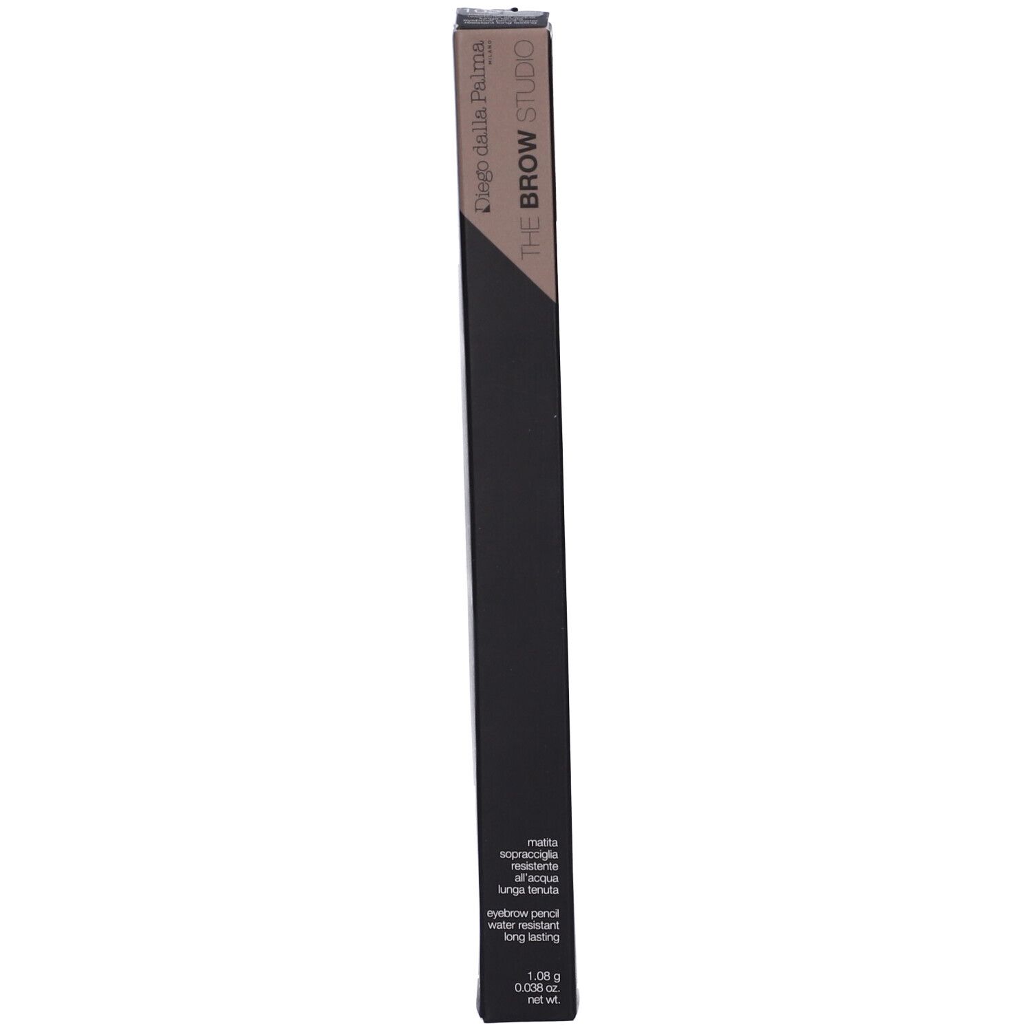 Confezione nera con informazioni sul prodotto. "THE BROW STUDIO" in alto. "eyebrow pencil" in basso.