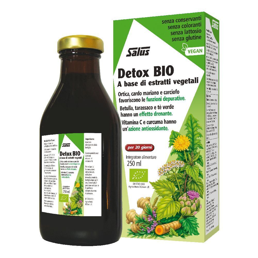 Bottiglia di vetro marrone e scatola Salus Detox BIO. Scritta: Detox BIO, A base di estratti vegetali. Con illustrazione di piante.