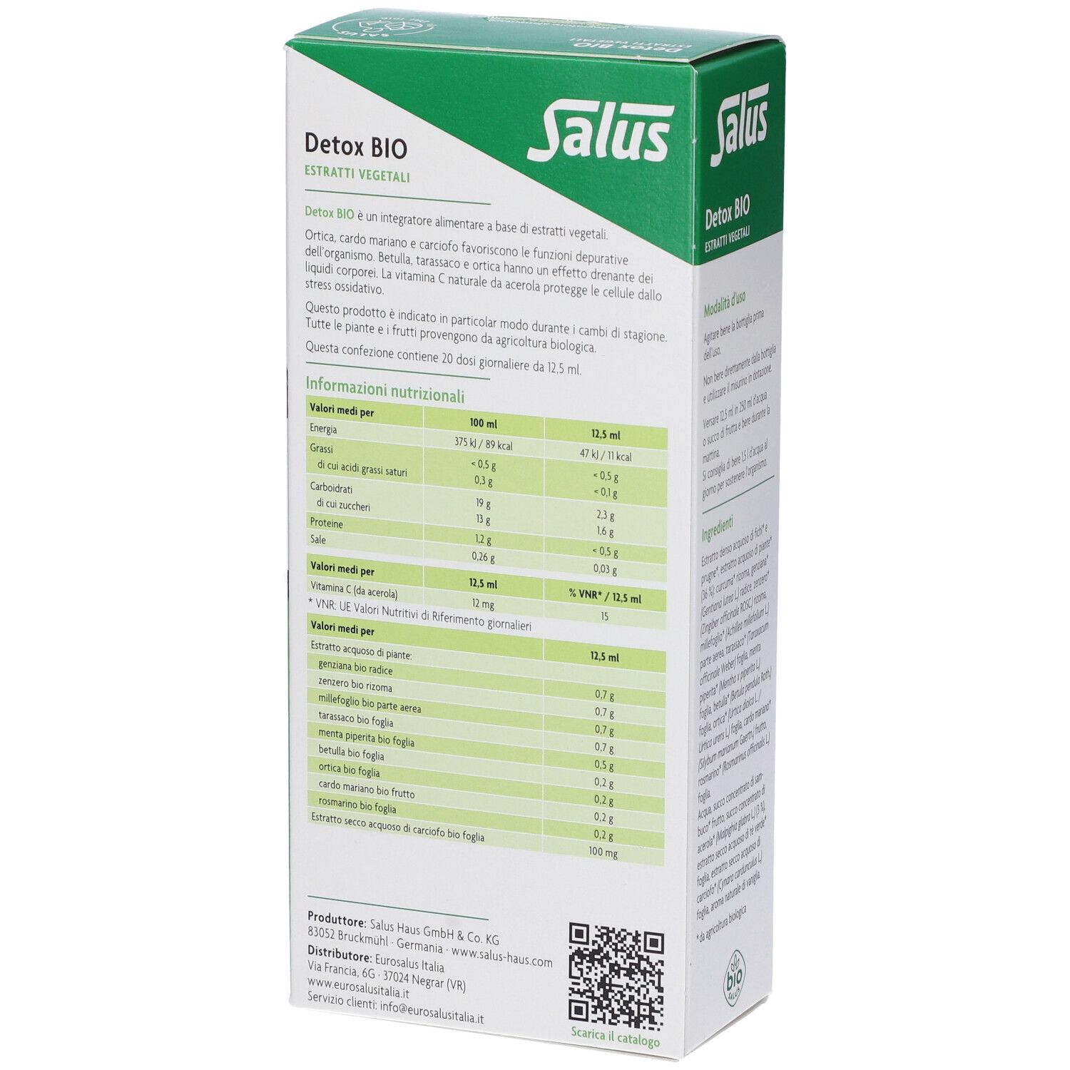 Scatola verde Salus Detox BIO, retro. Scritta: Detox BIO, Estratti vegetali. Con informazioni nutrizionali e produttore.