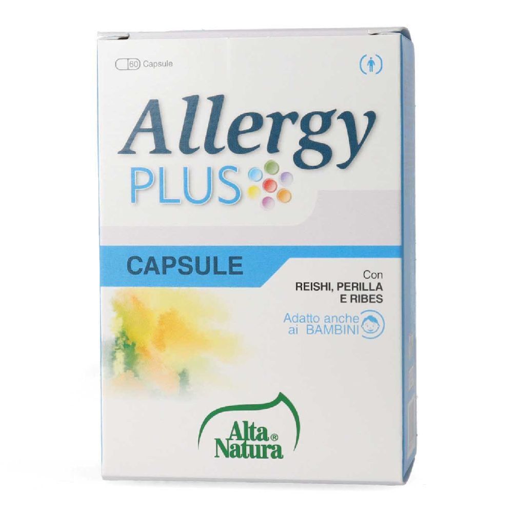 Scatola bianca con scritta "Allergy PLUS" e "CAPSULE". Contiene Reishi, Perilla e Ribes. Logo Alta Natura.