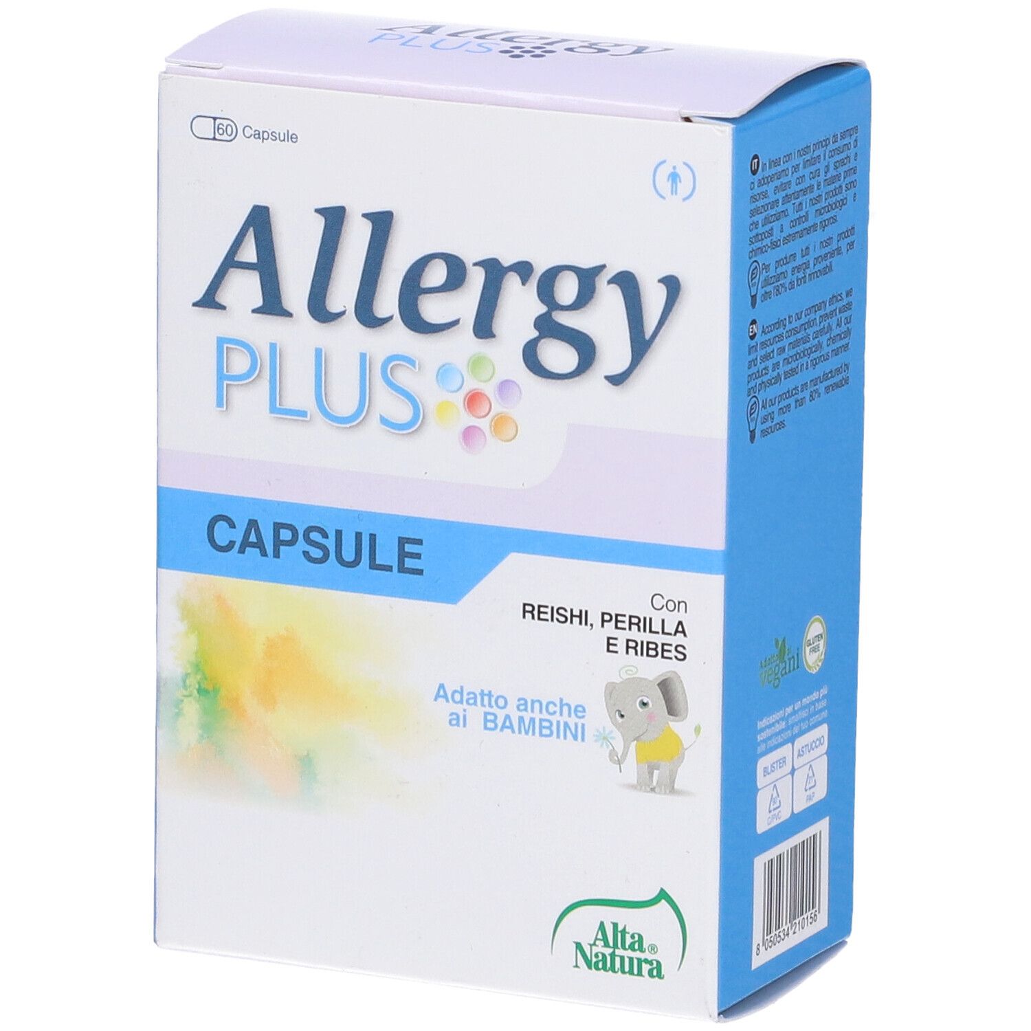 Scatola con "Allergy PLUS" e "CAPSULE". Contiene Reishi, Perilla e Ribes. Illustrazione bambino. Logo Alta Natura.
