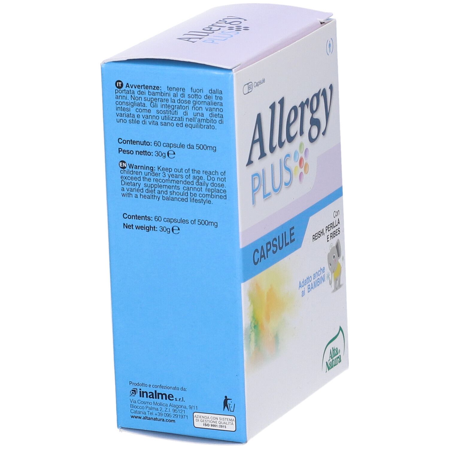 Scatola con "Allergy PLUS" e "CAPSULE". Contiene Reishi, Perilla e Ribes. Illustrazione bambino. Logo Alta Natura.