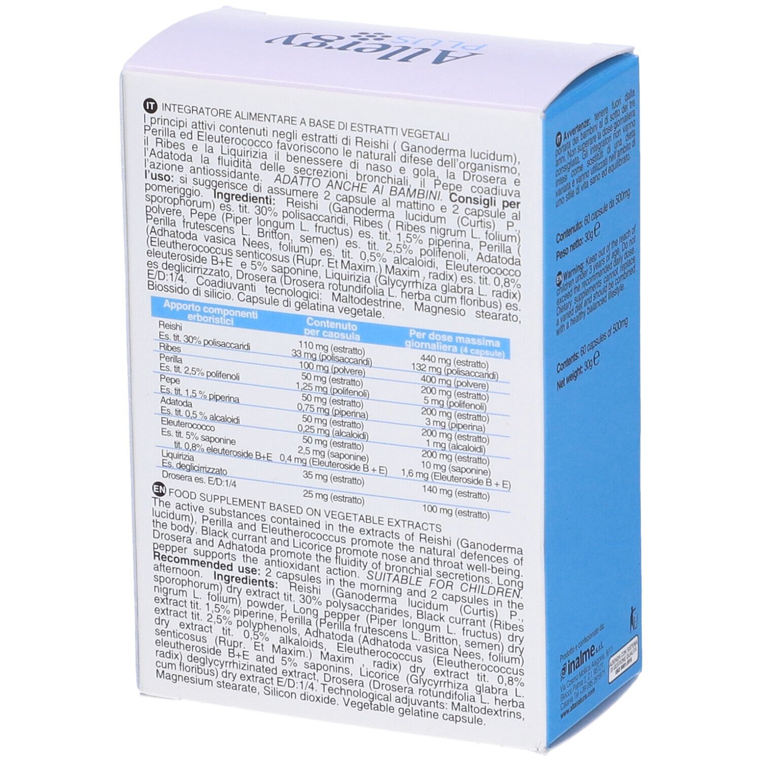 Scatola con "Allergy PLUS" e "CAPSULE". Contiene Reishi, Perilla e Ribes. Illustrazione bambino. Logo Alta Natura.