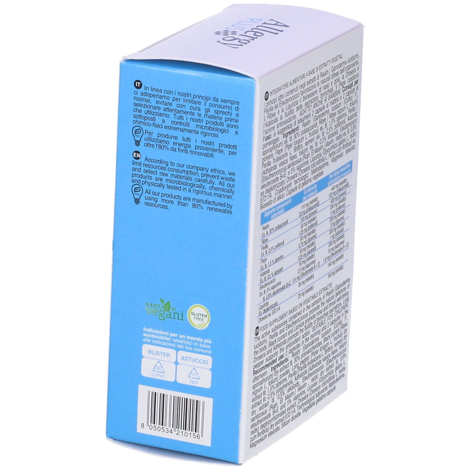 Retro della scatola con ingredienti e tabella nutrizionale. Contiene informazioni su "Allergy PLUS".
