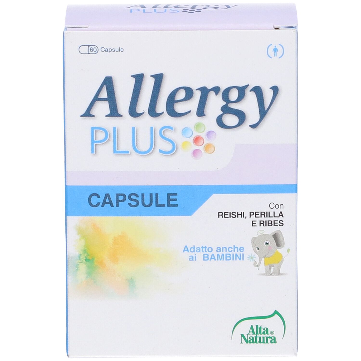 Lato della scatola con ingredienti e tabella nutrizionale. Contiene informazioni su "Allergy PLUS".