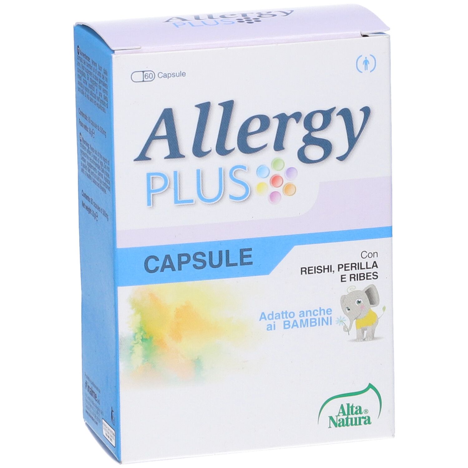 Scatola con "Allergy PLUS" e "CAPSULE". Contiene Reishi, Perilla e Ribes. Illustrazione bambino. Logo Alta Natura.
