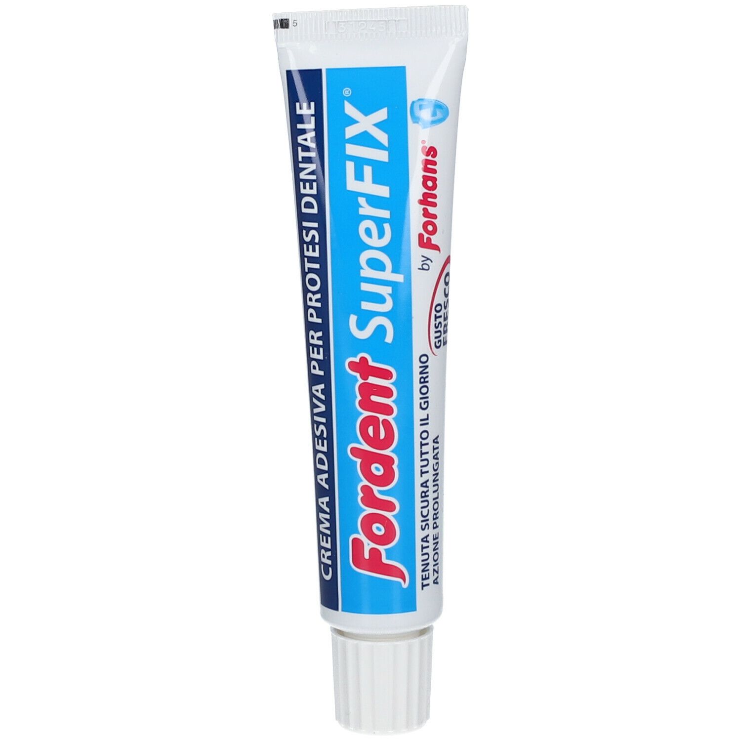 Tubo di crema dentale con testo blu e bianco. Scritta: Fordent SuperFix by Forhans. Crema per protesi dentali.