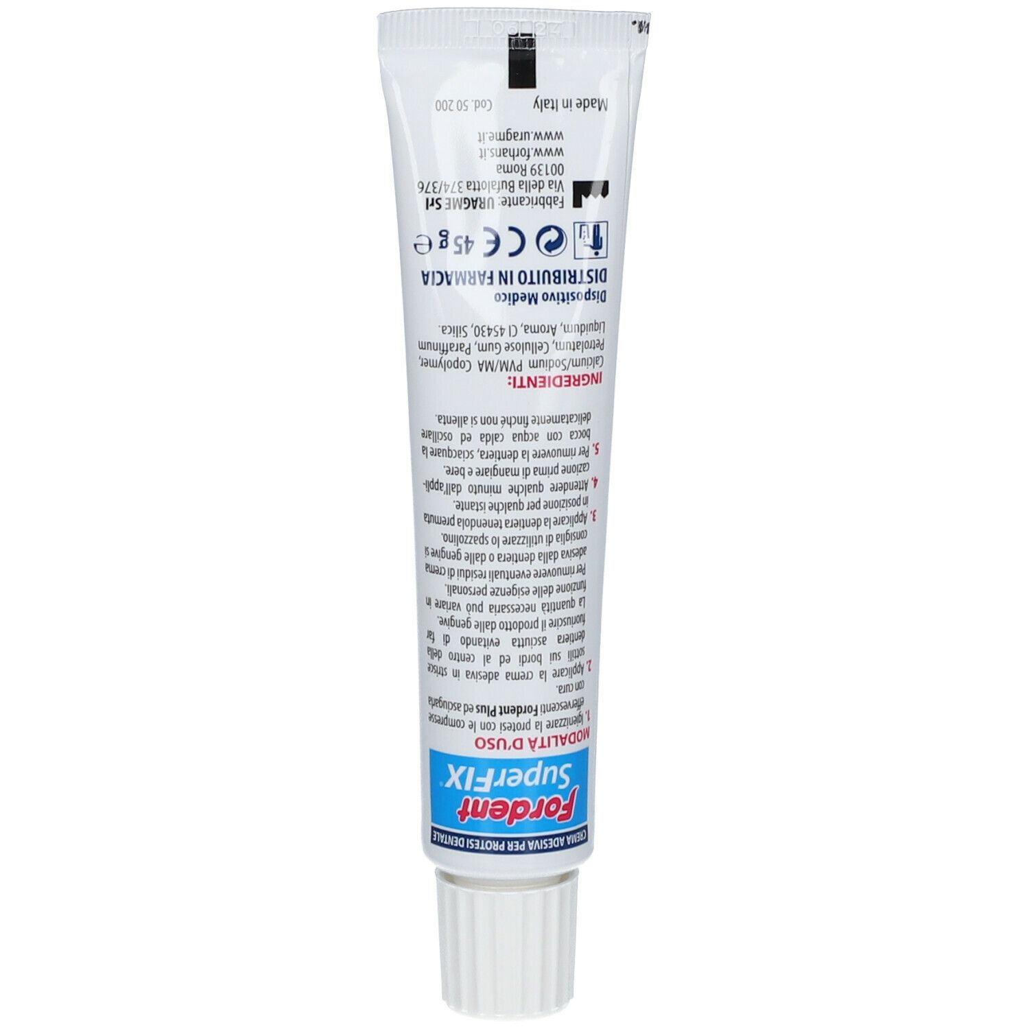 Retro di un tubetto di crema dentale. Testo in italiano. Elenco ingredienti, informazioni produttore e marchio CE.
