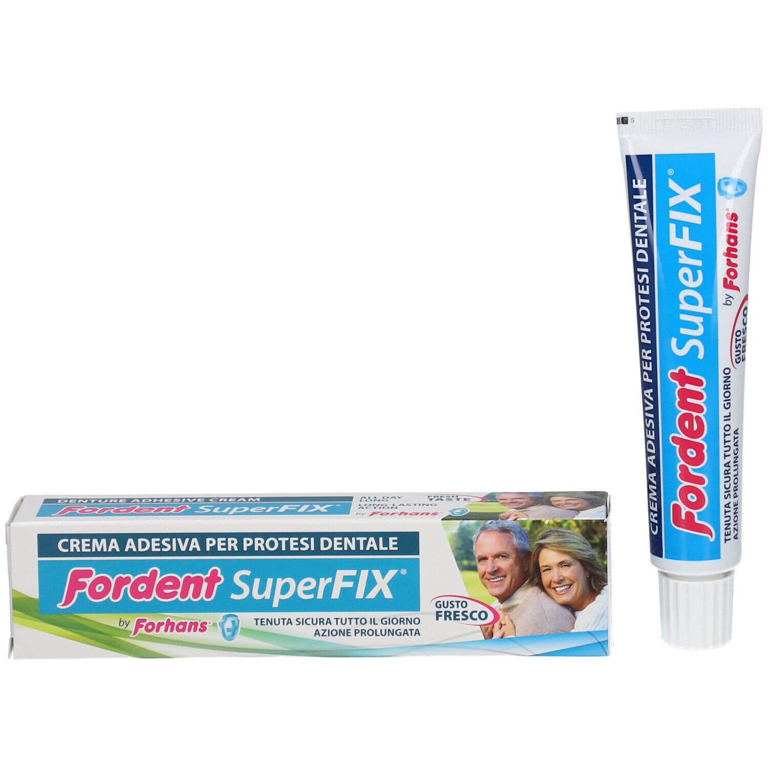 Tubo e scatola di crema dentale. Scritta: Fordent SuperFix by Forhans. Crema per protesi dentali. Raffigurata una coppia anziana.