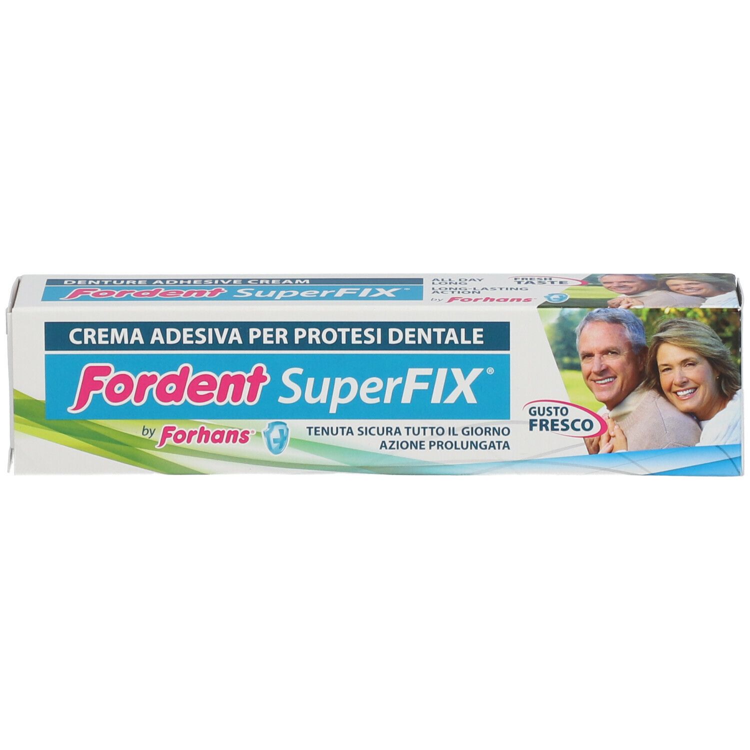 Scatola con scritta: Fordent SuperFix by Forhans. Crema per protesi dentali. Raffigurata una coppia anziana.