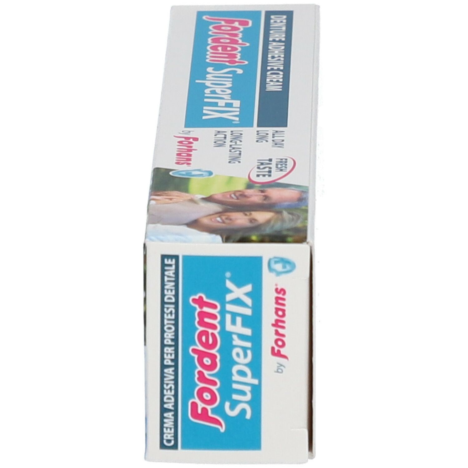 Scatola con scritta: Fordent SuperFix by Forhans. Crema per protesi dentali. Raffigurata una coppia anziana.
