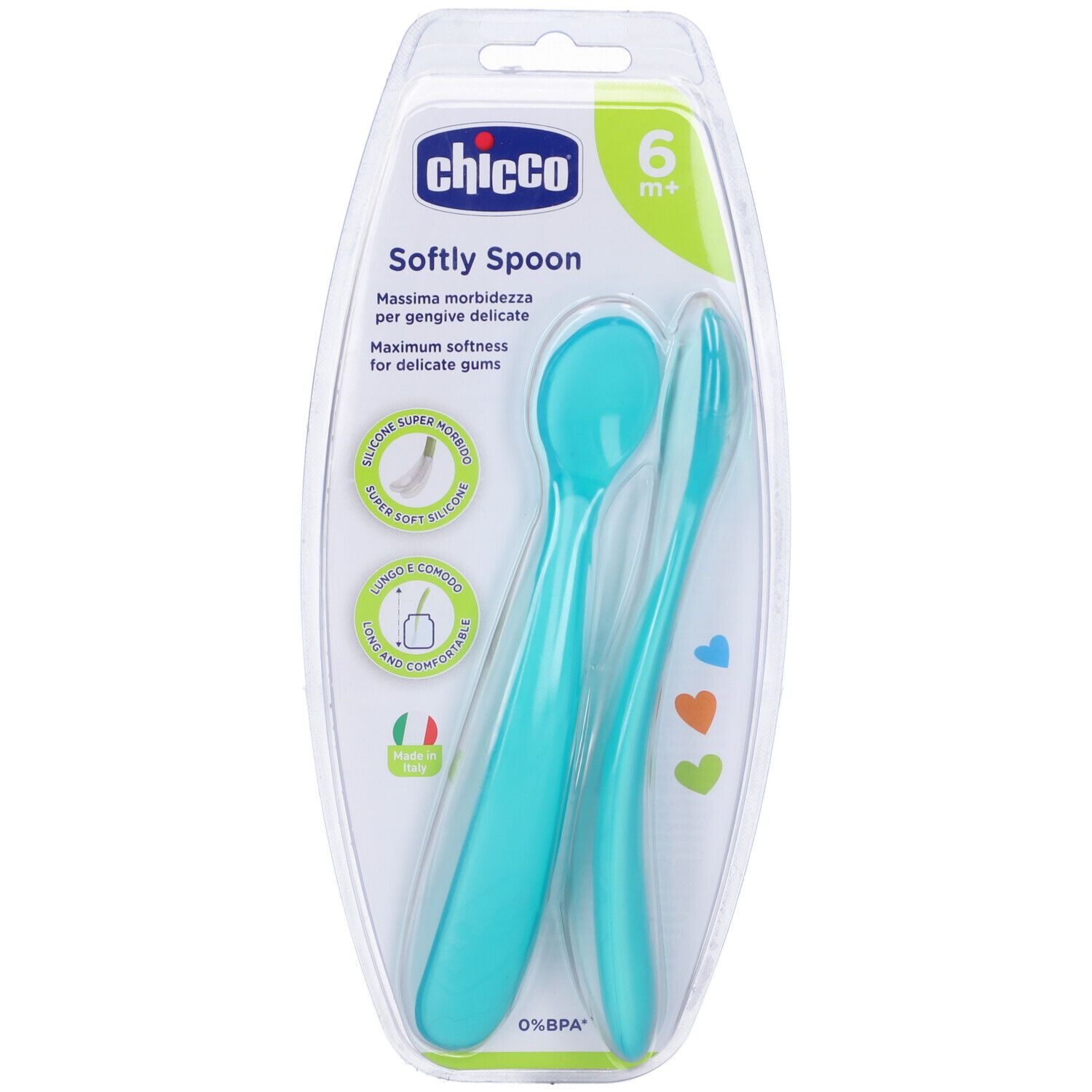 Due posate blu in confezione. Scritta: Chicco Softly Spoon, 6m+. Confezione con bandiera italiana.
