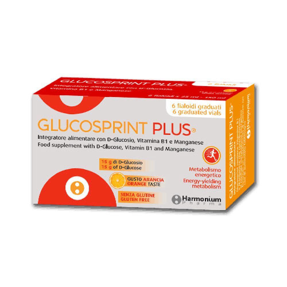 Confezione di Glucosprint Plus®. Scatola bianca e arancione con nome del prodotto e informazioni. 6 fiale.