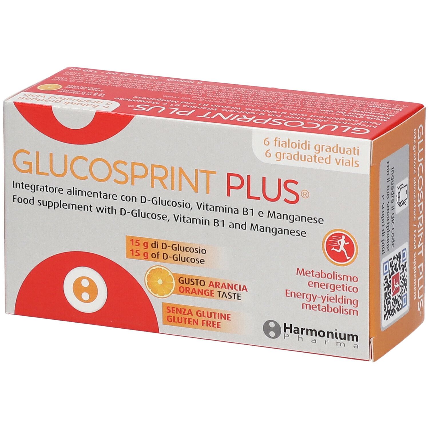 Confezione di Glucosprint Plus®. Scatola bianca e arancione con informazioni sul prodotto. 6 fiale.