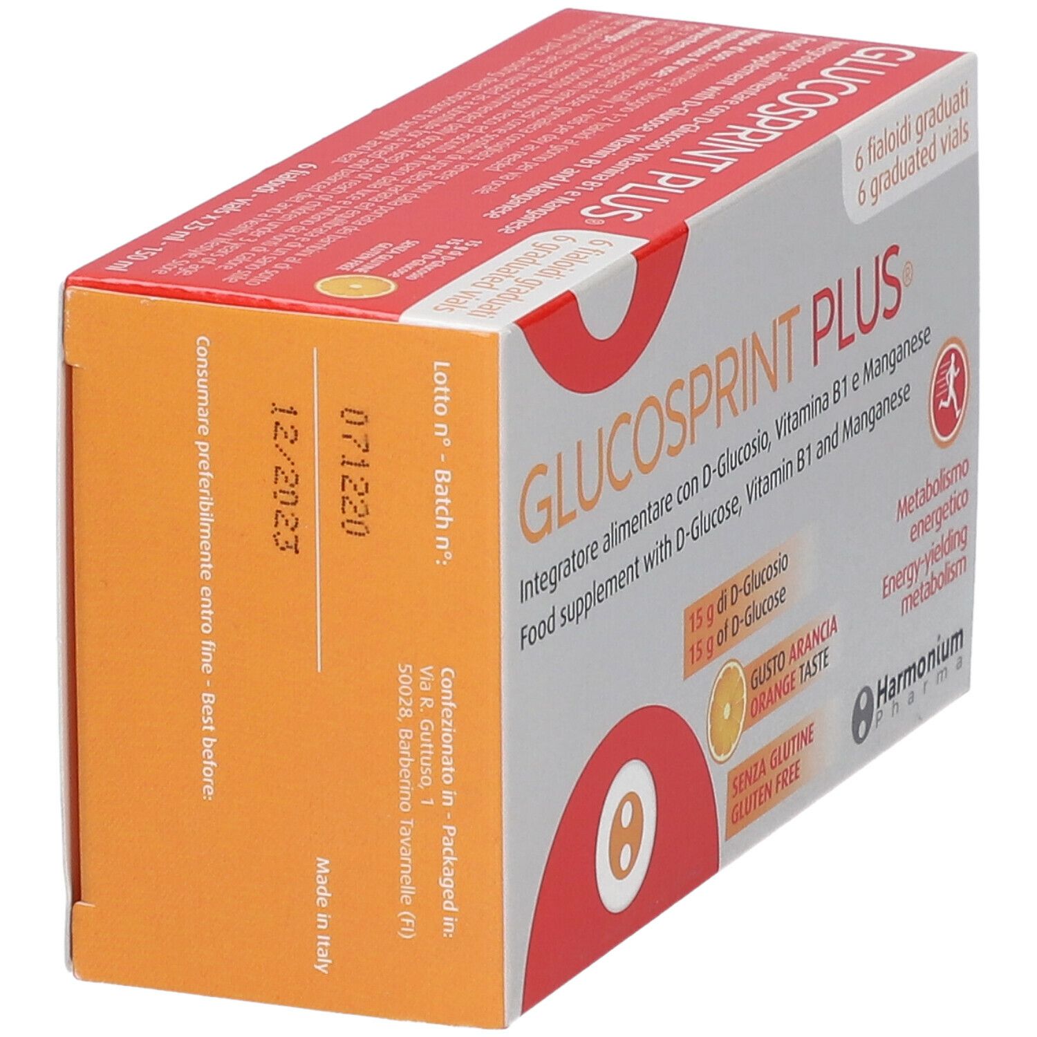 Confezione di Glucosprint Plus®. Scatola bianca e arancione con informazioni sul prodotto. 6 fiale.