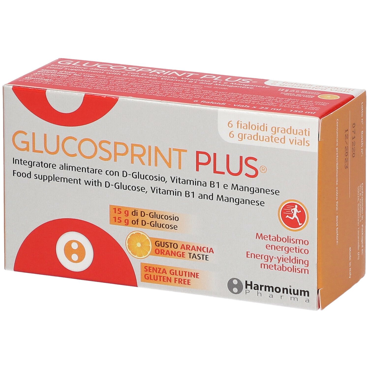 Confezione di Glucosprint Plus®. Scatola bianca e arancione con informazioni sul prodotto. 6 fiale.