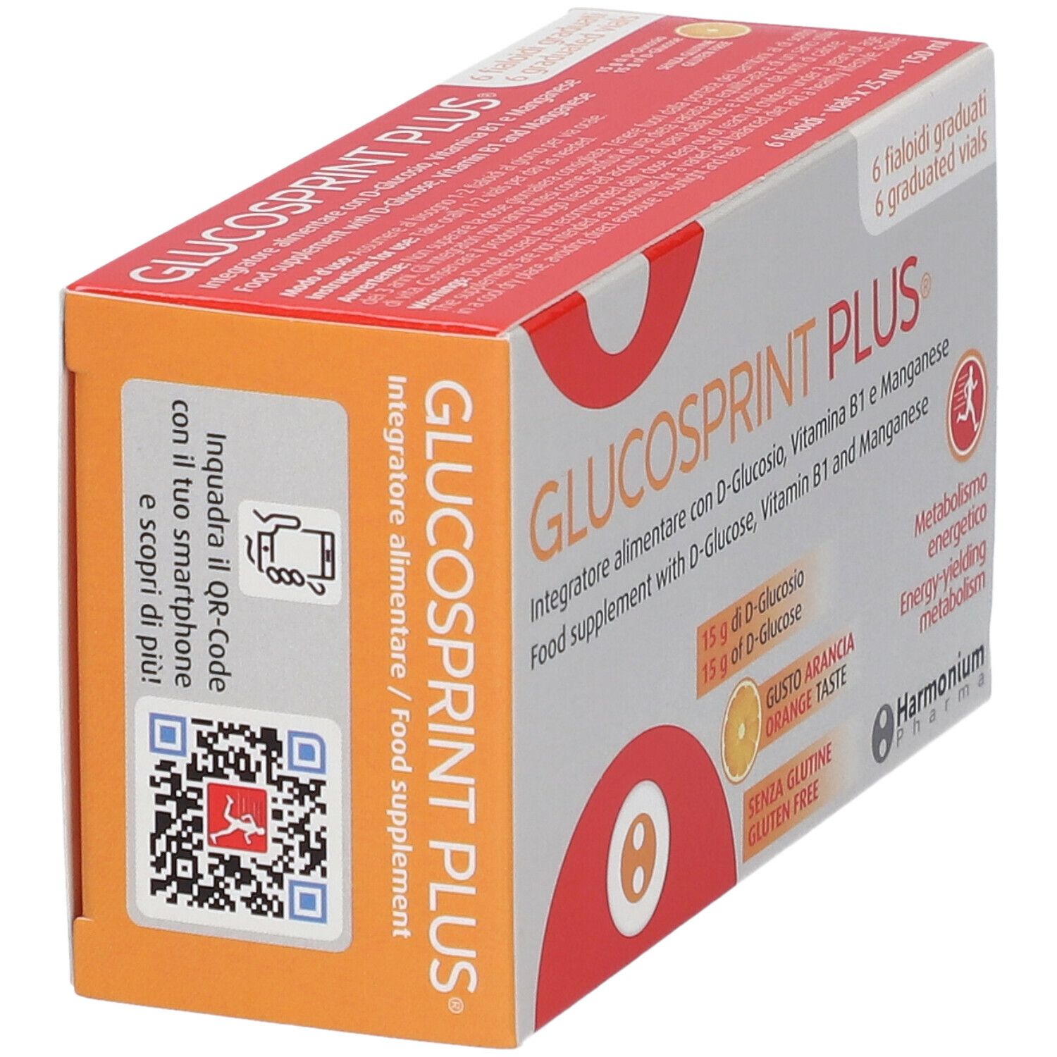 Confezione di Glucosprint Plus®. Scatola bianca e arancione con informazioni sul prodotto. 6 fiale.
