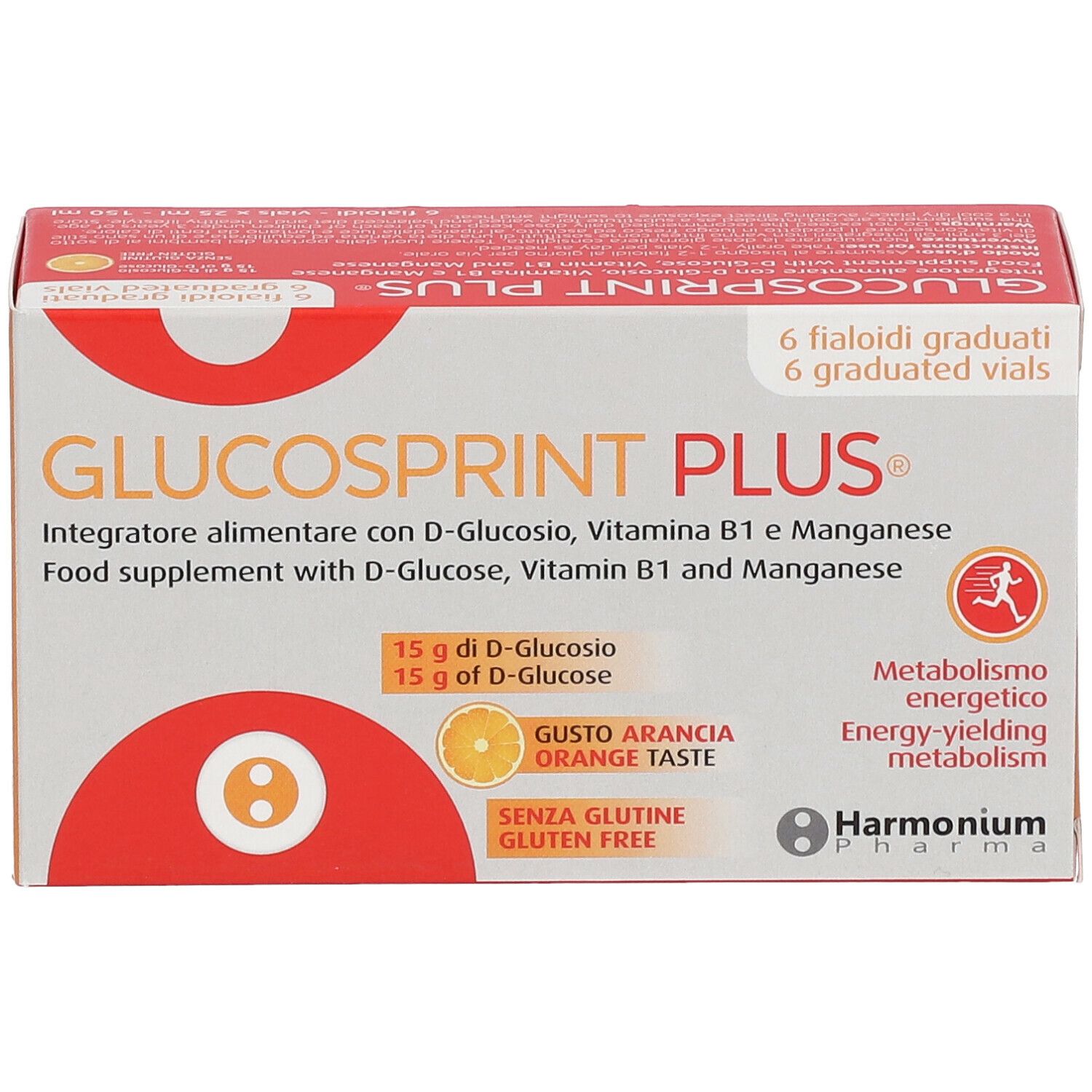 Confezione di Glucosprint Plus®. Scatola bianca e arancione con informazioni sul prodotto. 6 fiale.