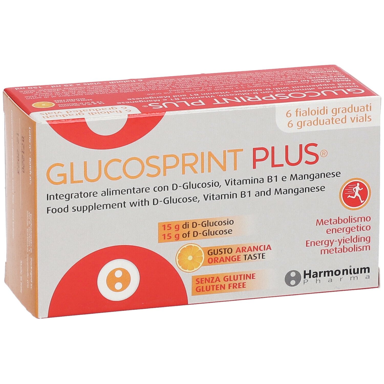 Confezione di Glucosprint Plus®. Scatola bianca e arancione con informazioni sul prodotto. 6 fiale.