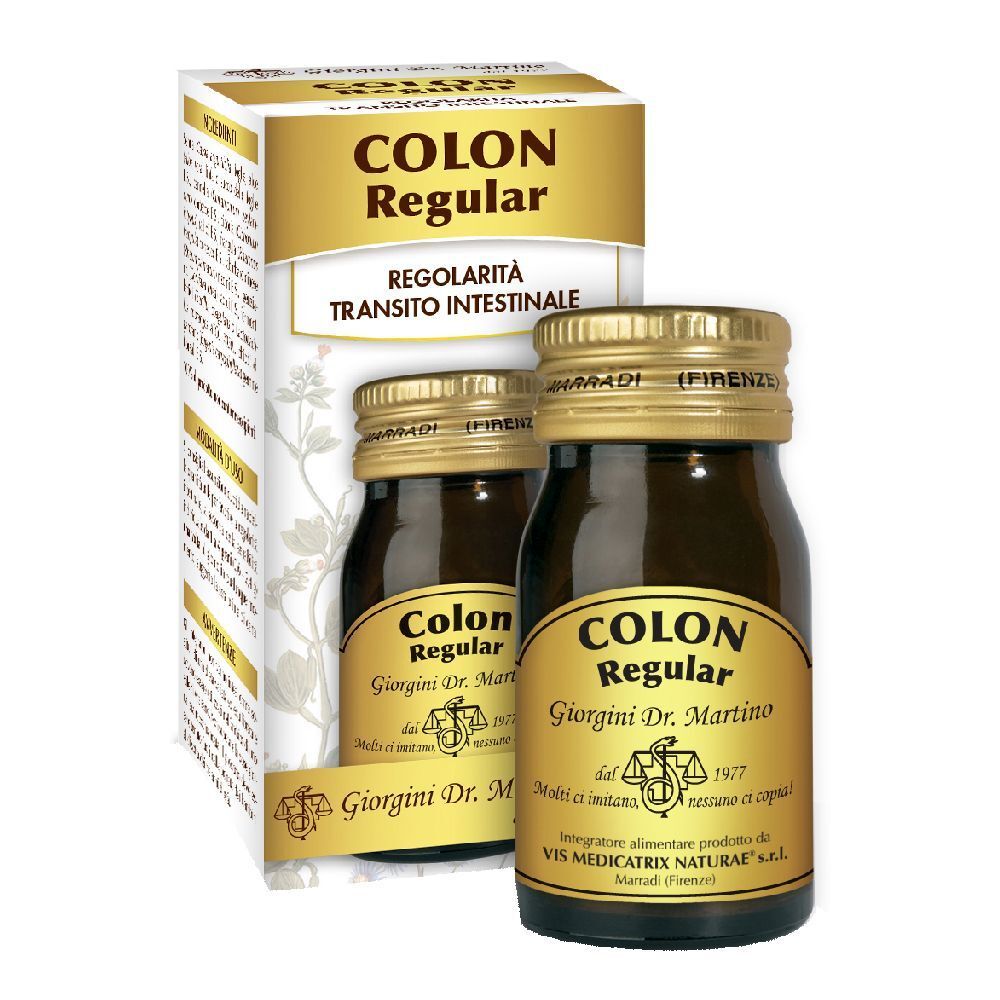 Due bottiglie di vetro marrone e una scatola con la scritta "Colon Regular". Scritta: "Regolarità transito intestinale".