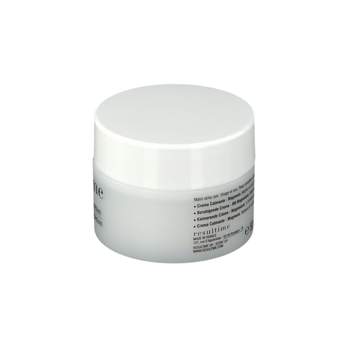 Pot de crème avec couvercle blanc. Inscription : resultime. Dos avec texte en plusieurs langues.