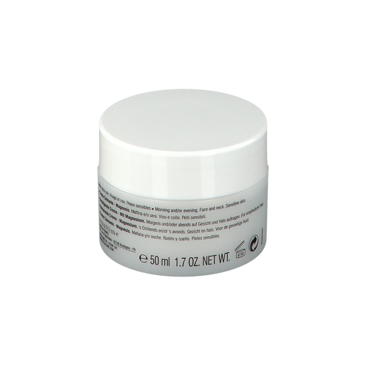 Pot de crème avec couvercle blanc. Inscription : resultime. Dos avec texte en plusieurs langues, dont 50 ml.